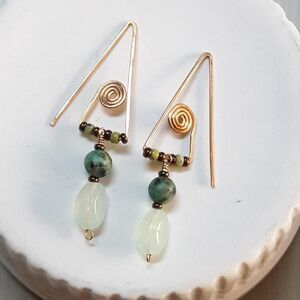 Boho Earrings  431# African Turquoise gemstone Brass Hooks Brass Bohemian Green